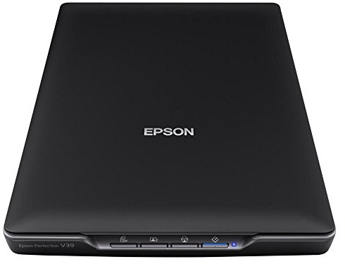 Epson Flachbettscanner Perfection V39, kompakter A4 Scanner mit integriertem Ständer für vertikales Scannen, Tischscanner für Fotos und Dokumente, mit Bildbearbeitung, schwarz/silber