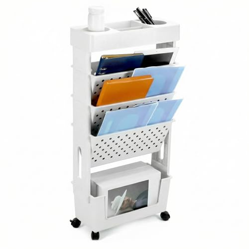 QWORK® Mobiler Bücherregal, weiß, Mobiler Aufbewahrungswagen mit Rollen, Multifunktionales Organisation Regal