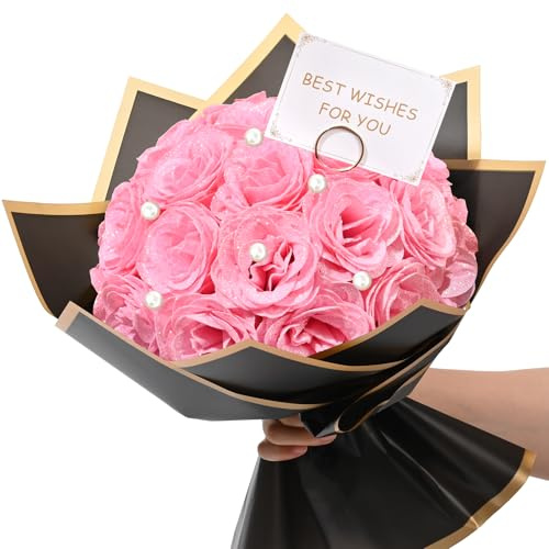 Waipfaru Rosa Glitzer Rosen Blumenstrauß DIY gefälschter Blumenstrauß, künstlicher Rosenstrauß für Valentinstag Jahrestag Verlobung Hochzeit 24 Rosen