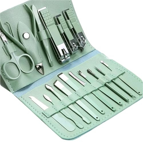 Premium Nagelpflegeset für zu Hause, Edelstahl, Pediküre-Set und Reiseetui, Maniküre-Set, Grün, 16-teiliges Set