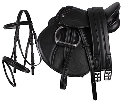 Pony Sattel-Set Komplett inkl. Sattelgurt, Steigbügelriemen und Steigbügeln | Geeignet für Kinder | Robustes und langlebig | Leichtes Gewicht (schwarz)