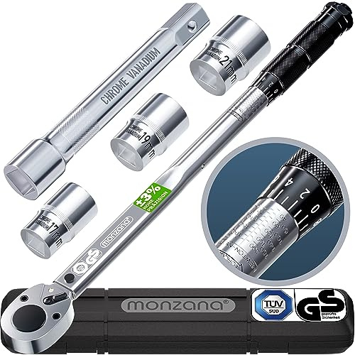 Monzana® Drehmomentschlüssel 6tlg. Set 40-210Nm TÜV Süd GS 1/2' Zoll CrV +/- 3% Toleranz Wende Ratschenkopf inkl. 3 Stecknüsse 17, 19, 21mm Verlängerung inkl. Koffer Auto Motorrad