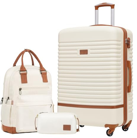 COOLIFE Koffer Trolley Koffer Reisekoffer von ABS Hartschalen Trolley 4 Rollen TSA-Schloss Der Koffer Enthält 1 Reiserucksack und 1 Kulturbeutel (Weiß/Braun, Großer Koffer-Set 3tlg)