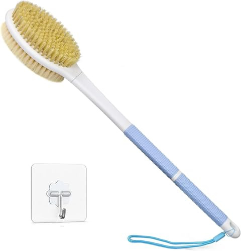 HORJOR Rückenbürste zum Duschen, Badebürste mit Langem Stiel 44cm Duschbürste Rücken, Körperbürste mit Naturborsten für Dusch Bürste Feuchten oder Trockenen Rücken Körperbürste