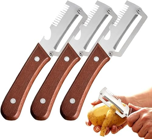 3-in-1 Multifunktionaler Gemüseschäler für die Küche,2Stück Zero Snag Holzschäler aus Edelstahl,Sparschäler mit Holzgriff & integriertem Flaschenöffner für Obst,Gemüse & Fleischscheiben