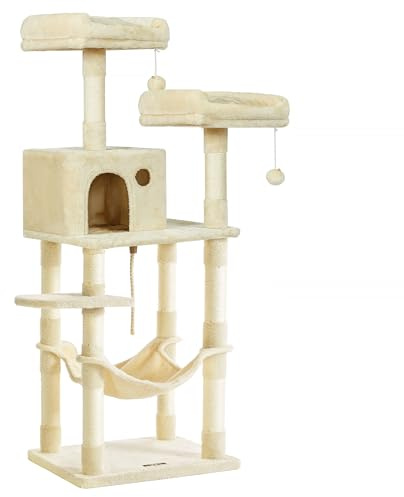 Feandrea Kratzbaum, 143 cm hoch, Katzenbaum mit 11 Kratzsäulen, 2 Plattformen, 1 Katzenhöhle, 1 Hängematte, 2 Plüschbällen, Plüsch, mehrstöckiges Design, beige PCT15BE