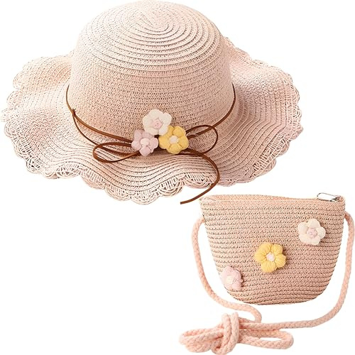 YANJIY 2 Stück Mädchen Sonnenhut und Strohstricktasche,Sommer-Sonnenhut, Strohhut und Kleine Tasche Set
