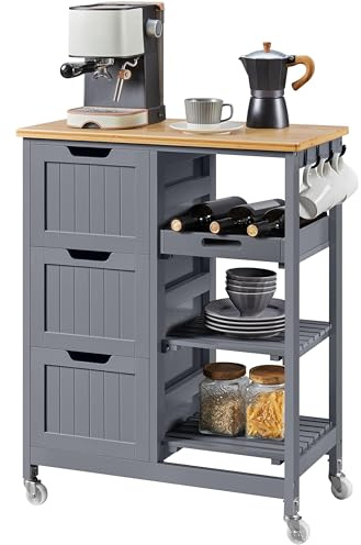 Yaheetech Servierwagen mit 3 Schubladen, 67 x 37 x 84,5 cm, Dunkelgrau | Rollwagen mit Bremsen für Küche, 3 Ablagefächer, vielseitig für Esszimmer & Büro