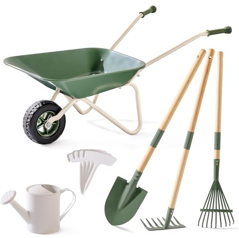 ROBUD Kinder Schubkarre Metall mit Kinder Gartenwerkzeug Set, Schubkarre mit Langer Schaufel, Hacke, Rechen, Gießkanne, Pflanzenetiketten, Gartengeräte Spielzeug für Mädchen Jungen ab 3 Jahren, Grün