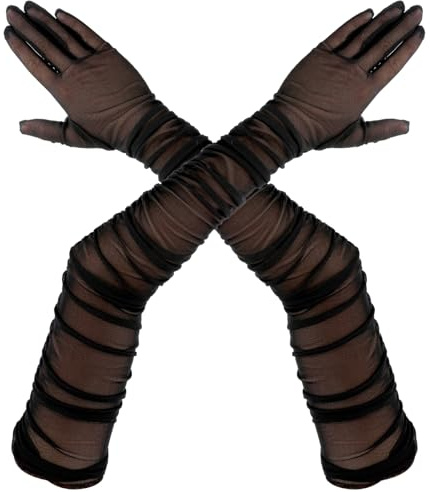 Yolev Schwarze Lange Spitzenhandschuhe - Durchsichtig für Damen, Opernparty, Tanz, Hochzeit, Braut, Halloween, Weihnachten, Karneval Kostümzubehör