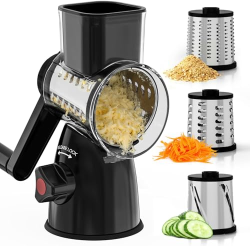 Vihoom Käsereibe mit Kurbel, Mandoline Gemüsehobel mit 3 Edelstahl Austauschbaren Trommelblättern, Gemüsereibe Manuell, Mehrzweck Gemüseschneider Ideal für Käse, Gurken, Karotten, Nüsse