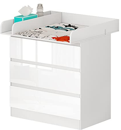 WOLTU Wickelkommode mit Wickelaufsatz, Kommode mit 3 Schubladen, Wickeltisch mit geräuscharmen Metallschienen Kippschutz, 86 cm für Lendenwirbelschutz, weiß