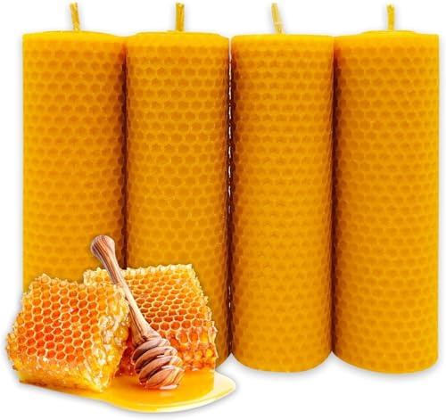 LAMARE Bienenwachskerze Honigwabe 100% Natürlich (4 Einheiten - 15 cm Länge - 4,5 cm Durchmesser) - OHNE PARAFFINE - Honigkerzen - Handgefertigt 100% Handwerklich.