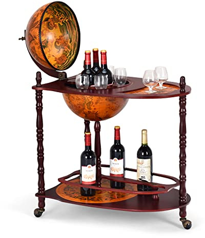 GIANTEX Globusbar Hausbar extra groß, Barwagen Globus Vintage, Cocktailbar Wiskybar Weltkugel mit Bodenplatte, Massive Eukalyptusholzsäule mit 3 Rollen, Minibar Tischbar Dekobar, Braun 70 x 45 x 88 cm