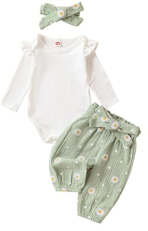 Geagodelia Baby Mädchen Kleidung Babykleidung Outfit Set Langarm Body Strampler + Gänseblümchen Hose + Stirnband Neugeborene Weiche Babyset