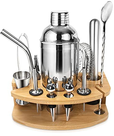Cocktail Shaker Set, Edelstahl Cocktail Set, 14-teiliges Barkeeper Kit Barzubehör, Cocktails Mixer Set mit Holzständer, 750ML Cocktail Geschenk Set für Zuhause oder die Bar.