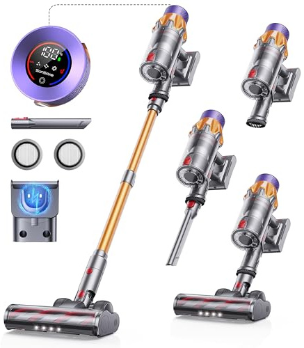 SunSare Akku Staubsauger 600W/50000Pa/65Min, Staubsauger Kabellos mit Smart Display und Ladestation, Leichter Antiverwicklung Akkusauger, Super Leise akkustaubsauger für Hartböden Teppiche Tierhaare