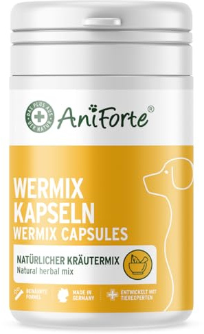 AniForte WermiX für Hunde Kapseln 50 Stück - Natürliche Inhaltsstoffe, seit 10 Jahren bewährte Alternative, Unterstützung durch Saponine, Bitterstoffe, Thymian, Wermut & Salbei