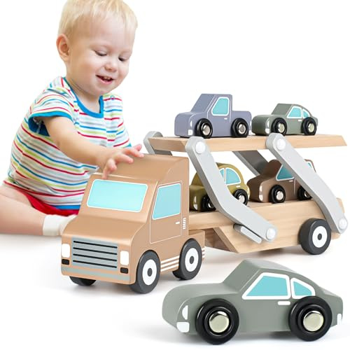 Montessori Spielzeug ab 1 Jahr Spielzeug Auto Ab 1 Jahr mit 4 Autos Autotransporter Holzspielzeug Geschenk Junge 1 2 3 Jahr