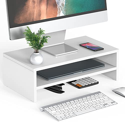 FITUEYES Monitorständer Bildschirmständer aus Holz Ergonomischem Laptop-Druckerständer für Monitor Laptop Drucker Fernseher 42,5x23,5x14cm,weiß