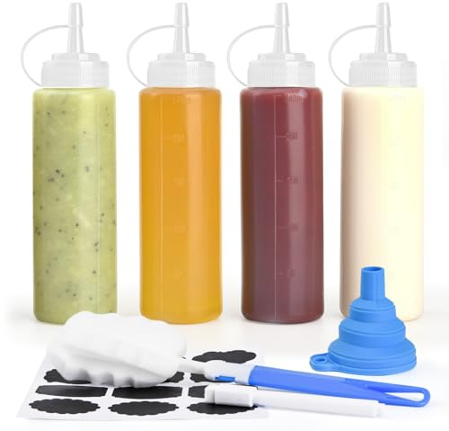 V·Colokishi 4 Pcs 8 oz Gewürz Squeeze Flaschen für Sauce, Kunststoff Quetschflasche, 250ml Dosierflasche Spritzflasche Ölflasche Spender für Ketchup, Heiße Soßen, Grill, Salatsaucen, Malen, Olivenöl