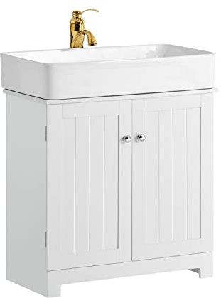 SoBuy Waschbeckenunterschrank - Badschrank mit Türen und verstellbaren Regalböden - Badmöbel aus MDF, Unterschrank Waschbecken für kleines Badezimmer, Weiß, 60x60x29cm, BZR18-W