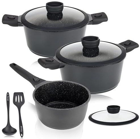DIVORY Topfset - 8-tlg abnehmbare Griffe - Stielkasserolle 18cm, Kochtopf 20cm, Topf 24cm mit Deckel, Induktion Kochtöpfe, beschichtete Töpfe, Spülmaschinenfest & Backofenfest