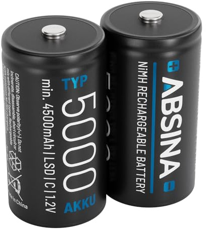 ABSINA 2X LR 14 Batterien C Baby wiederaufladbar 5000 mit geringer Selbstentladung - Akku C Batterien LR14 NiMH mit min. 4500mAh & 1,2V - LR14 Batterie C