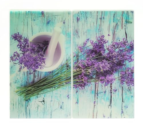 Jocca - Kochfeldabdeckung Glas, Herdabdeckplatten 2er-Set, Schneidebrett und Spritzschutz, Hitzebeständig, Kratzfest, Lavendel Design, 30 x 52 cm