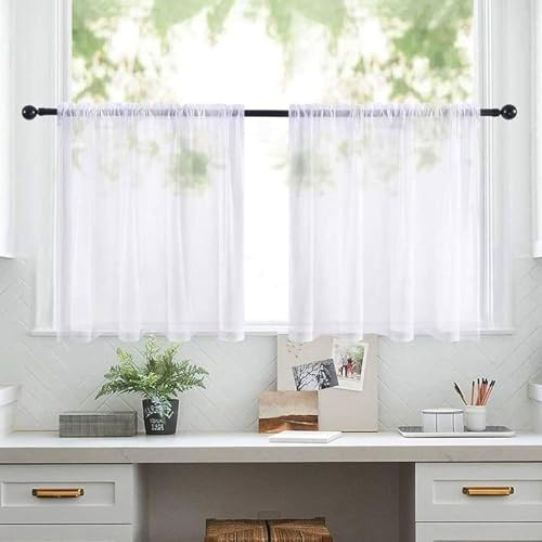 qhklew Scheibengardinen Kurz Leinenoptik Gardinen Weiss, B 60 x H 45 cm Bistrogardine Gardinen, Weiss Fenstervorhang Halb Küche Vorhänge Fensterschal für Kleine, Fenster, Küche, Wohnzimmer