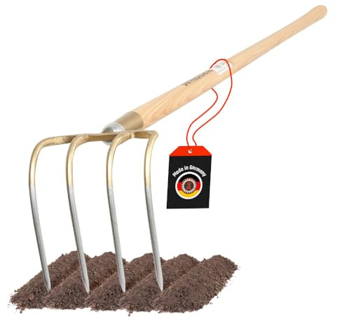 SHW-FIRE Kartoffelhacke 4 Zinken geschmiedet und 135 cm Eschenholzstiel | Made in Germany | Für Bodenbearbeitung & Kartoffelernte | robust & langlebig | Schmiedequalität