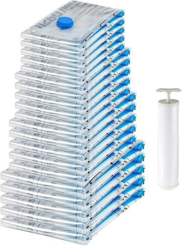 Amazon Basics Vakuum-Kompressionsbeutel Reißverschluss, Aufbewahrungsbeutel, mit Handpumpe, 20 Stück, Mehrere, Transparente