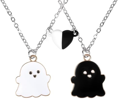 Telooco 2 Stück Geister Anhänger Freundschaftskette Schwarz Weiß | Magnetische, Friendship Necklace, Damen Süß, Geister Paar Halskette, Edelstahl, Freundschaftsketten Schmuck