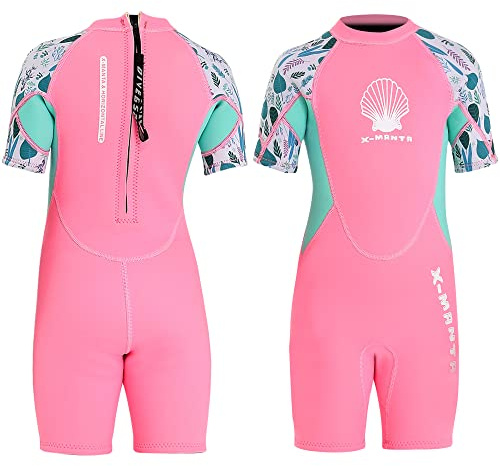 NATYFLY Neoprenanzug Kinder 2.5mm Neopren Thermal Badeanzug Jungen Mädchen Lange/Kurze Ärmel Tauchanzug Zurück Reißverschluss Einteilige Badebekleidung (9. Neues Rosa-2/Kurze Ärmel, 2-3 Jahre)