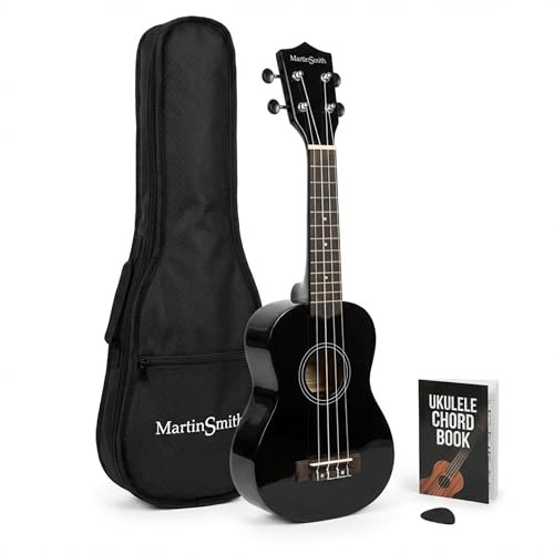Martin Smith Sopran Ukulele 21 Zoll Starter Set mit Tasche, Schwarz | Sopran Ukulele mit 4 Nylonsaiten, Tasche und Akkordbuch für Kinder, Erwachsene und Anfänger, Schule und Reise