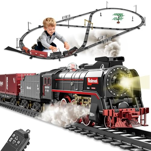 Eisenbahn Kinder Elektrisch Zug mit Fernbedienung, Dampf, Licht, Sound | Elektrische Spielzeug Zug Set mit Schienen, Weihnachtsbaum Deko, Weihnachten Geburtstag Geschenke für 3 4 5 6 7 Jahren