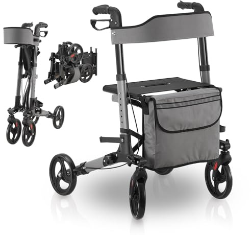 Juskys Rollator Vital grau - Gehhilfe faltbar & leicht aus Aluminium bis 130 kg - Laufhilfe höhenverstellbar mit Sitz, Tasche & Regenschirmhalterung