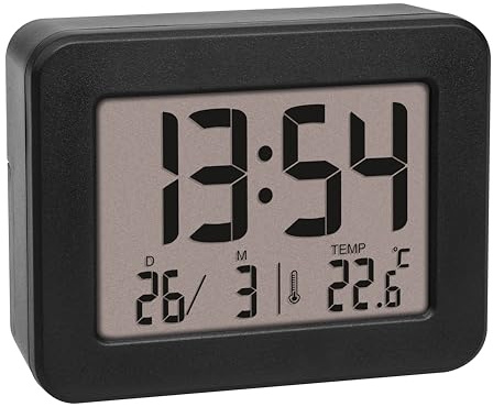 TFA Dostmann Digitaler Mini Wecker, 60.2044.01, batteriebetrieben, mit lautem Weckalarm, Temperatur innen, Datum, Quarzuhr, Reiswecker, schwarz
