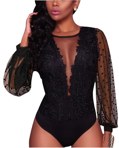 RARITYUS Sexy Spitzen-Body für Damen, durchsichtig, Netzstoff, ärmellos/langärmelig, Badeanzug für Party-Outfit, Langärmlig, Schwarz mit Punkten, XXL