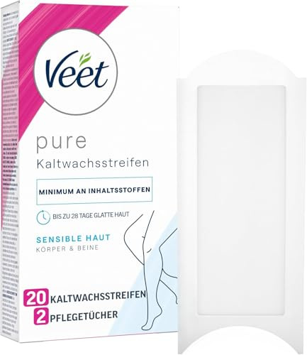 Veet Pure Kaltwachsstreifen für Körper, Arme & Beine - Haarentfernung für sensible Haut - Bis zu 28 Tage glatte Haut - 20 Kaltwachsstreifen