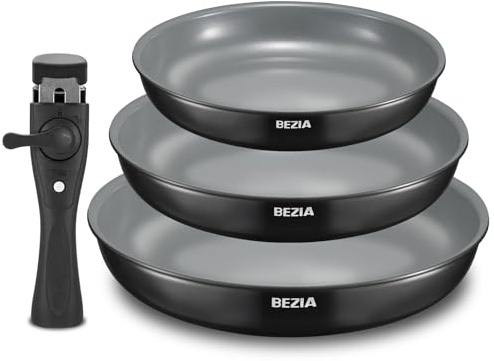 BEZIA Pfannenset mit Abnehmbarem Griff, Camping Bratpfannen Set Keramik-Antihaftbeschichtung Pfannen Induktion für Wohnmobil & Kleine Küche, Stapelbar, Ofenfest, PFAS-frei, 20+24+28 cm