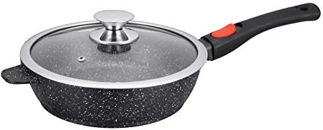 Kamberg – 0008027 – Schwenkpfanne 28 cm – Abnehmbarer Griff – Aluminiumguss – Beschichtung in Steinoptik – Mit Glasdeckel – Für alle Herdarten, auch Induktion – PFOA‑frei, 28 x 28 x 7,5 cm