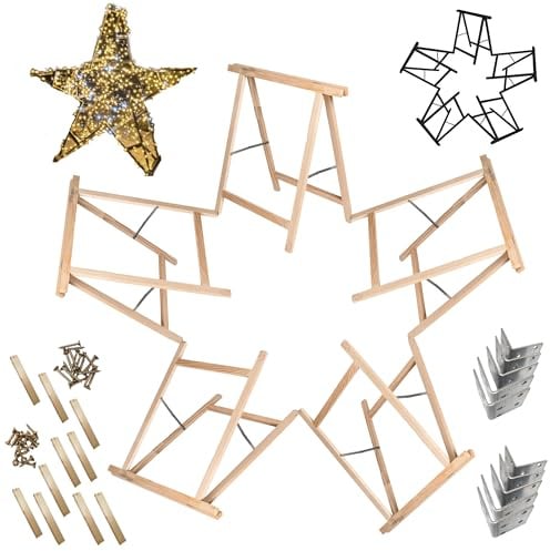 MODO24 Sägebock Holzbock, Klappbock Arbeitsbock, 5er-Set inklusive Montageteile, DIY Stern, Weihnachtsstern SET, Tapezierbock Montagebock Unterstellbock, Sternabmessungen 180x180x73 cm, Natur