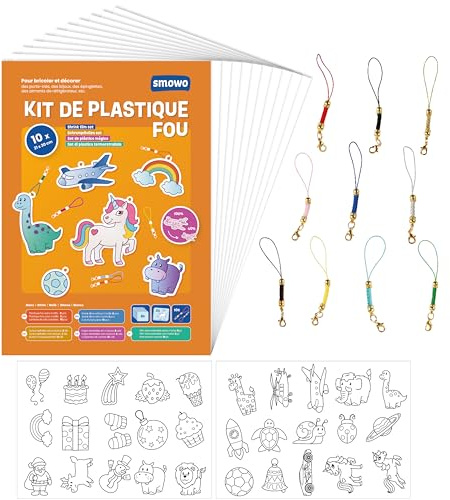 Smowo® Schrumpffolien Set mit Schlüsselanhänger - 10 Stück schrumpfende Plastikfolie - Bastelset mit Motiven - A4 matt transparent