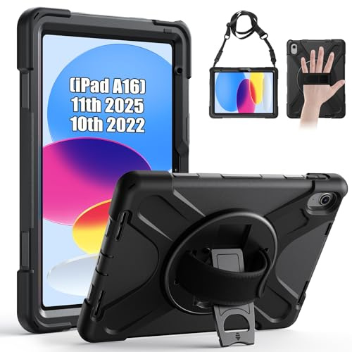 Gerutek Hülle für iPad (A16) 11./10. Generation 11/10,9 Zoll (2025/2022), Stoßfeste für iPad A16 Hülle mit 360°Drehbar Stände/Handschlaufe Schultergurt Stifthalter,Case für iPad 11./10. Gen, Schwarz