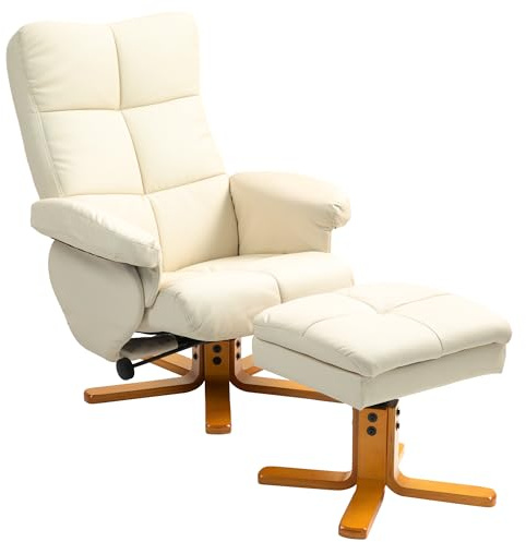 HOMCOM Relaxsessel mit Hocker, 360°drehbarer Fernsehsessel mit Liegefunktion Lesesessel für Schlafzimmer, Wohnzimmer, Kunstleder, Cremeweiß