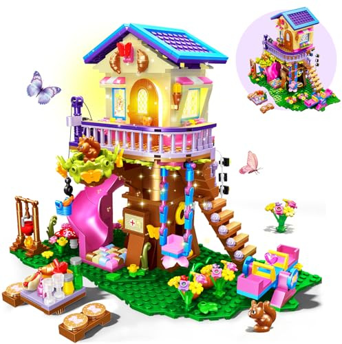 CUBIMANA Baumhaus-Bauspielzeug Set mit LED-Licht für Kinder ab 8 Jahren | 618PCS Waldhaus-Bauset mit Rutsche und tollem Zubehör, Geburtstagsgeschenk für Kinder Mädchen und Jungen
