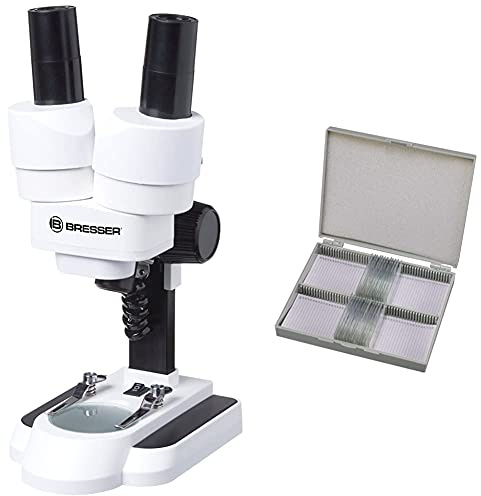 Bresser Junior Stereo 3D Mikroskop ICD-Pro mit 20x und 50x Vergrößerung für Kinder und Erwachsene & Dauerpräparate für Mikroskop (25 Stück), vorgefertigte und konservierte Präparate