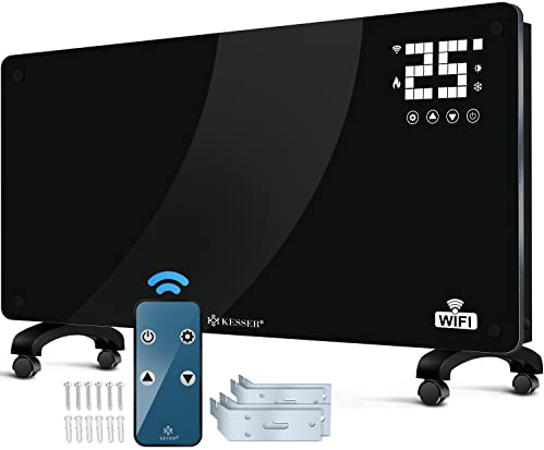 KESSER® Glaskonvektor Glasheizung Elektroheizkörper APP WiFi Funktion Inkl. Fernbedienung Elektroheizung Stand- oder Wand Heizung Heizkörper | Touchscreen | LCD-Display | Timer | 2500 Watt | Schwarz