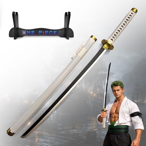 One Piece - Wado-Ichi-Monji Katana aus Holz mit Scheide und Ständer, SamuraiSchwerter Holzschwert, Zoro Schwert, Bambusklinge, One Piece Katana, Animefans, Spielzeug für Kinder